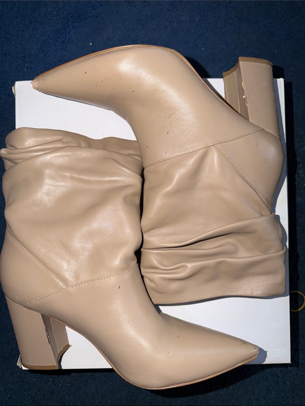 Women's Slouchy Pointed-Toe Mid Heel Boots - Beige (Nine West)